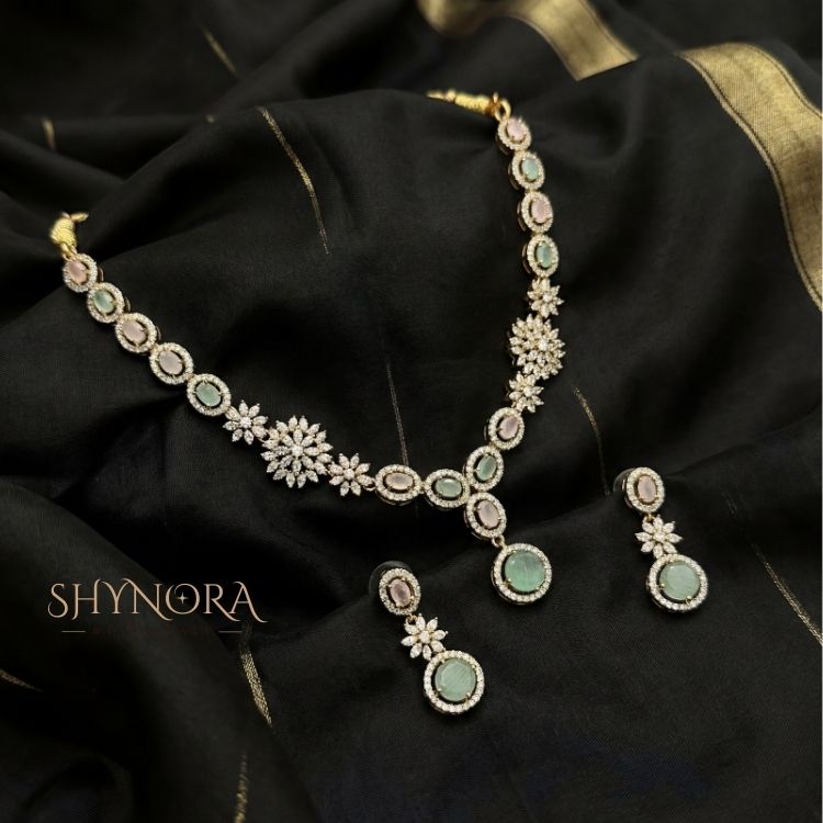 Mint Pearl Blossom Gold-Tone AD Necklace Set with Earrings