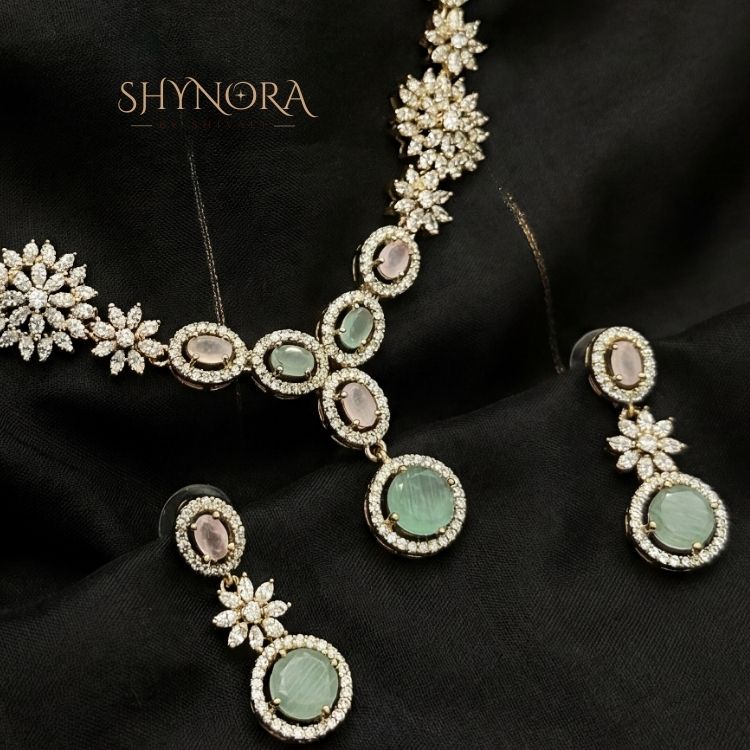 Mint Pearl Blossom Gold-Tone AD Necklace Set with Earrings