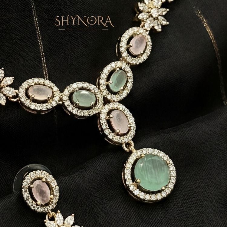 Mint Pearl Blossom Gold-Tone AD Necklace Set with Earrings