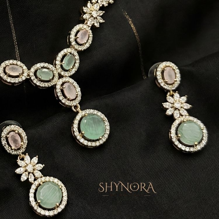 Mint Pearl Blossom Gold-Tone AD Necklace Set with Earrings