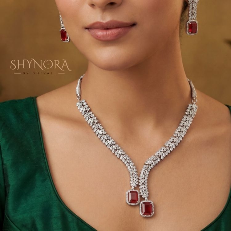 Ruby Red Twin Drop AD Leaf Necklace Set with Earrings