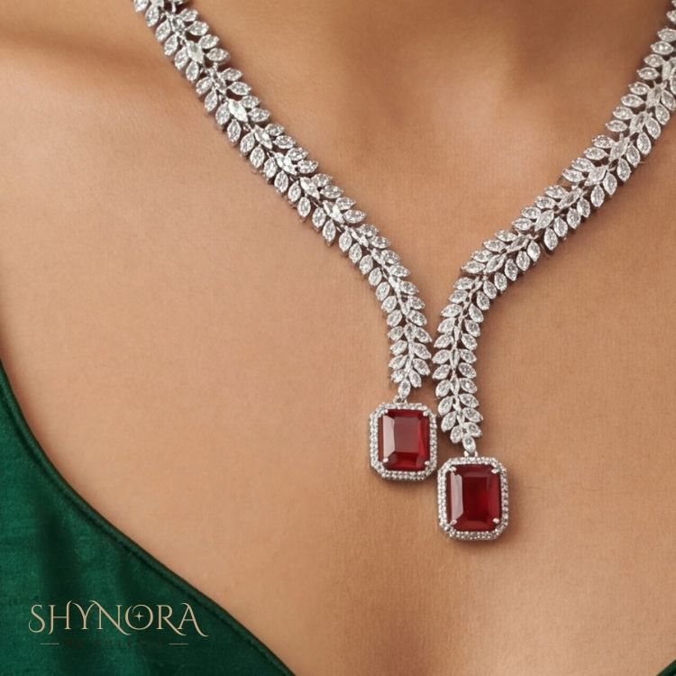 Ruby Red Twin Drop AD Leaf Necklace Set with Earrings