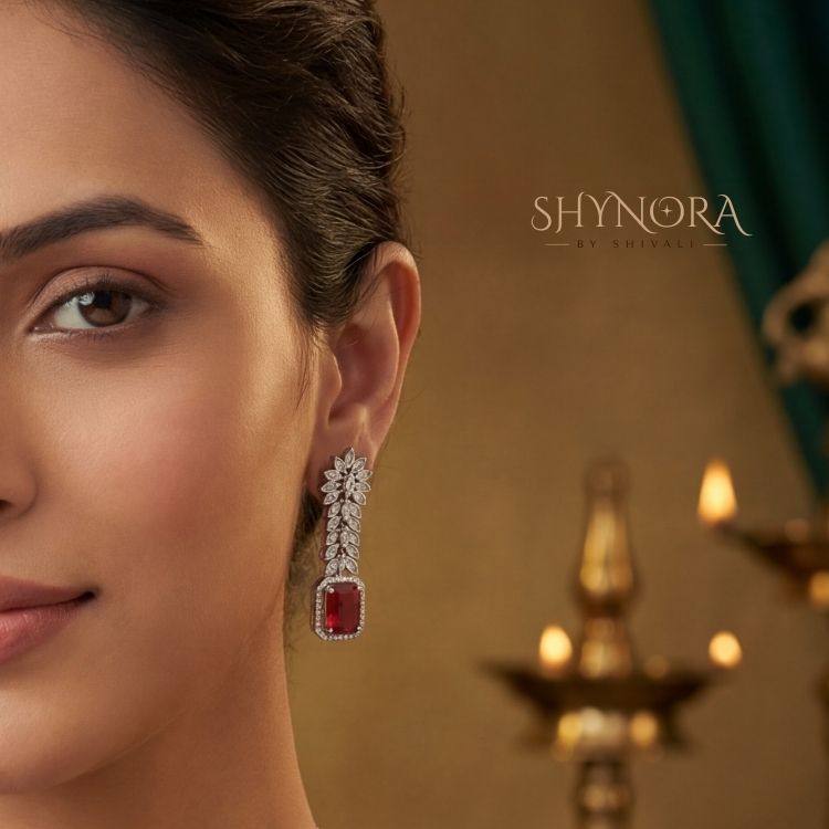 Ruby Red Twin Drop AD Leaf Necklace Set with Earrings