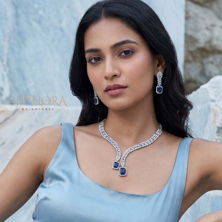 Midnight Sapphire Twin Drop AD Leaf Necklace Set with Earrings