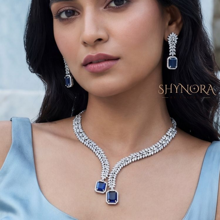 Midnight Sapphire Twin Drop AD Leaf Necklace Set with Earrings