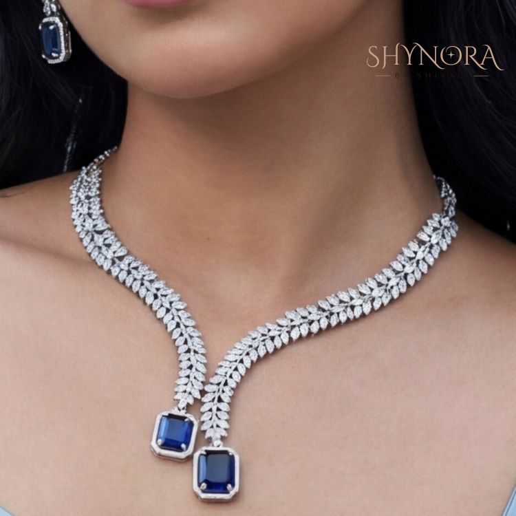 Midnight Sapphire Twin Drop AD Leaf Necklace Set with Earrings