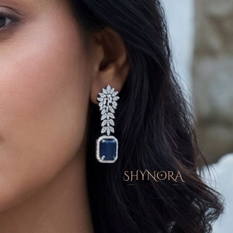 Midnight Sapphire Twin Drop AD Leaf Necklace Set with Earrings