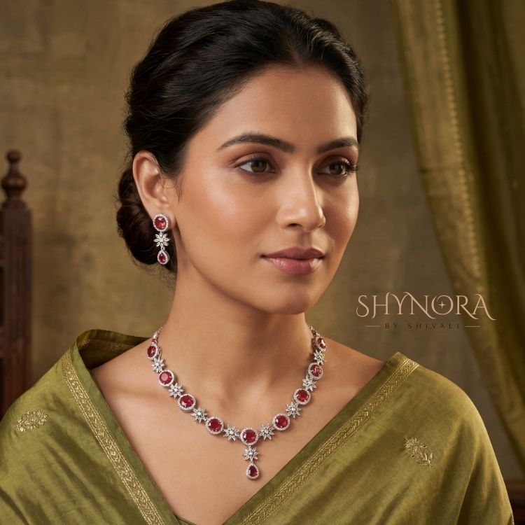 Ruby Red Blossom Drop AD Necklace Set with Earrings