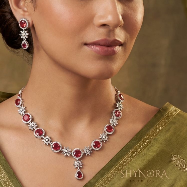 Ruby Red Blossom Drop AD Necklace Set with Earrings