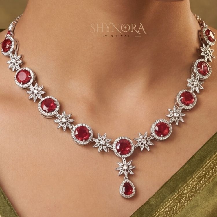 Ruby Red Blossom Drop AD Necklace Set with Earrings