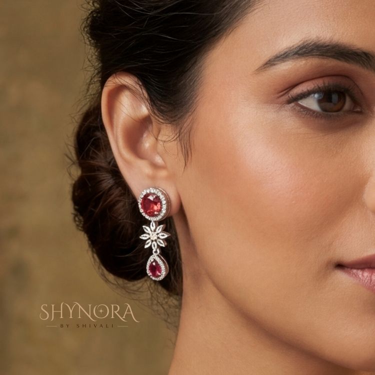 Ruby Red Blossom Drop AD Necklace Set with Earrings