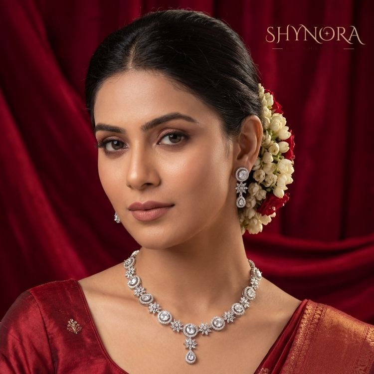 Crystal Bloom AD Necklace Set with Drop Earrings