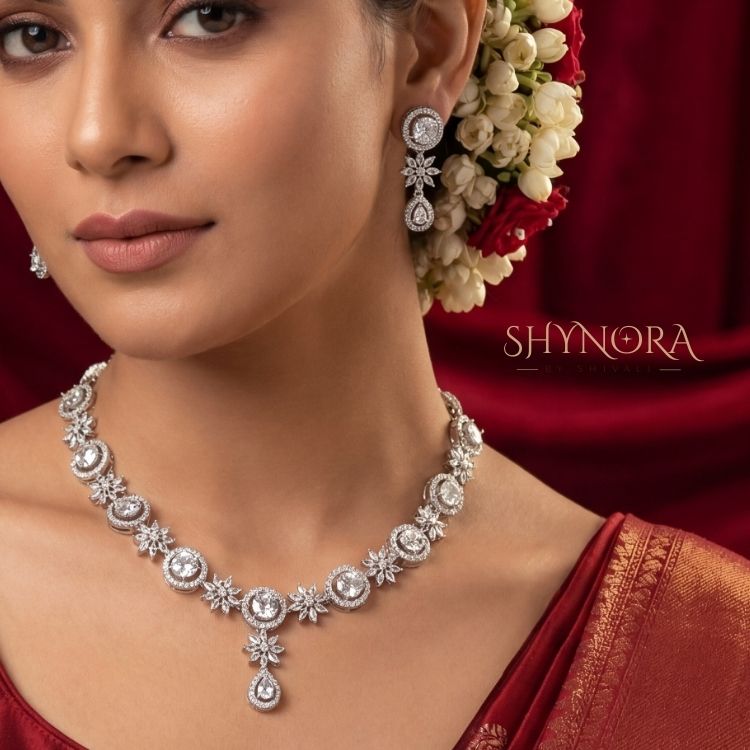 Crystal Bloom AD Necklace Set with Drop Earrings