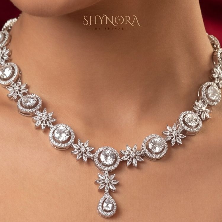 Crystal Bloom AD Necklace Set with Drop Earrings