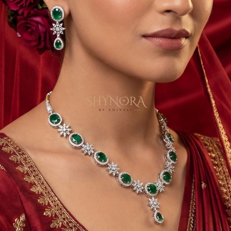Emerald Glow Floral AD Necklace Set