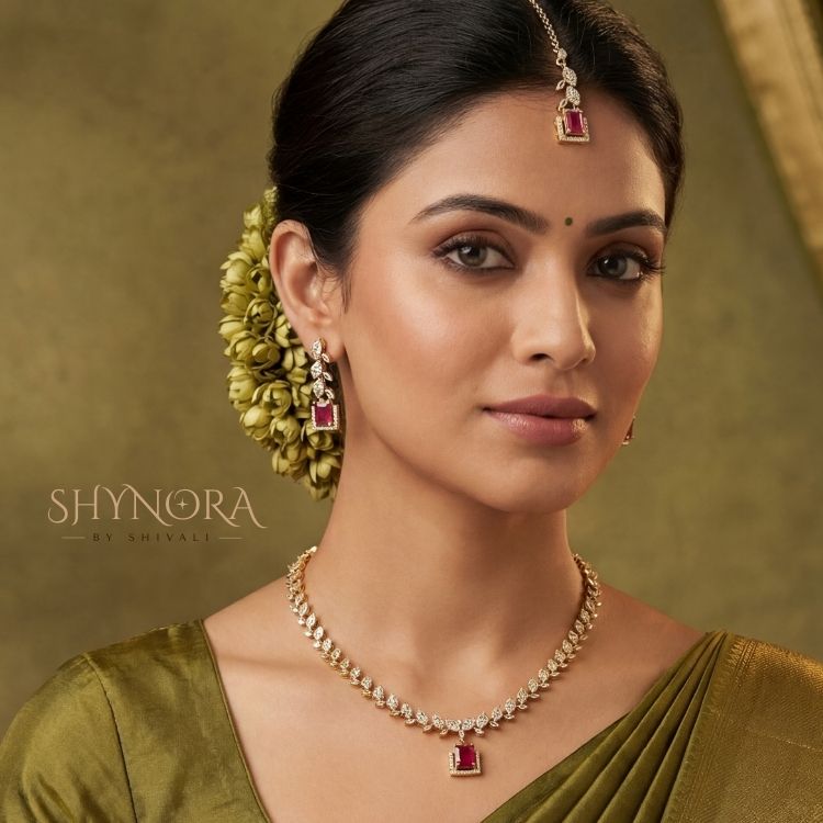 Ruby Red Leafline AD Necklace Set with Maang Tikka