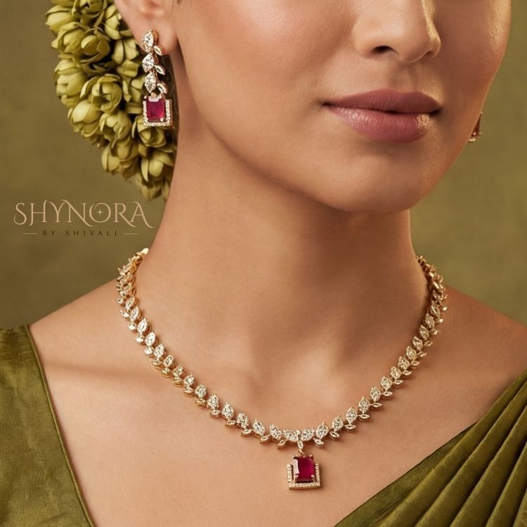 Ruby Red Leafline AD Necklace Set with Maang Tikka