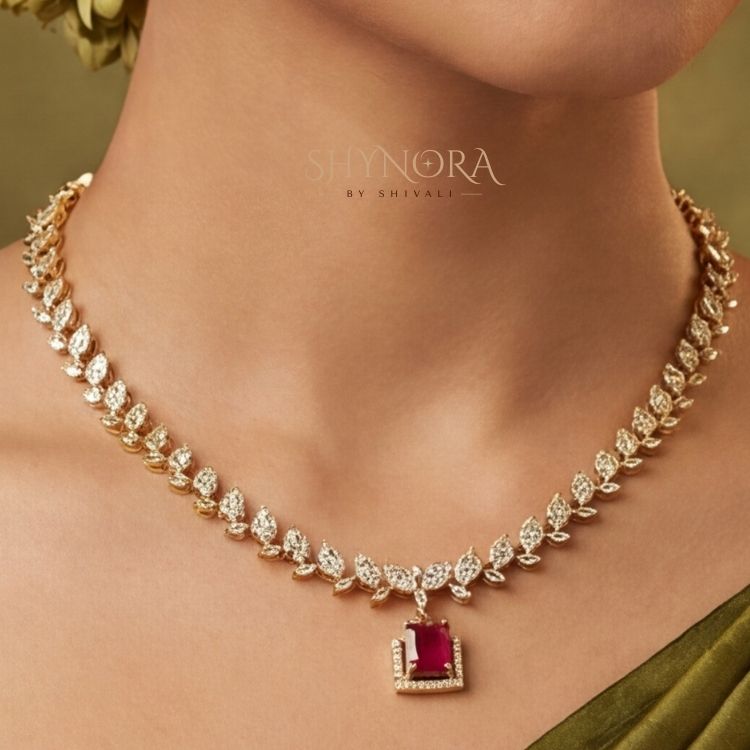 Ruby Red Leafline AD Necklace Set with Maang Tikka