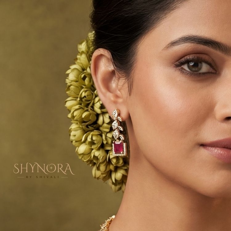 Ruby Red Leafline AD Necklace Set with Maang Tikka