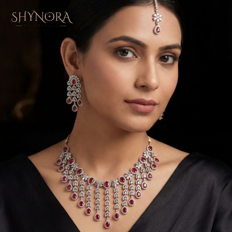 Royal Ruby Red Chandelier Necklace Set with Earrings & Maang Tikka