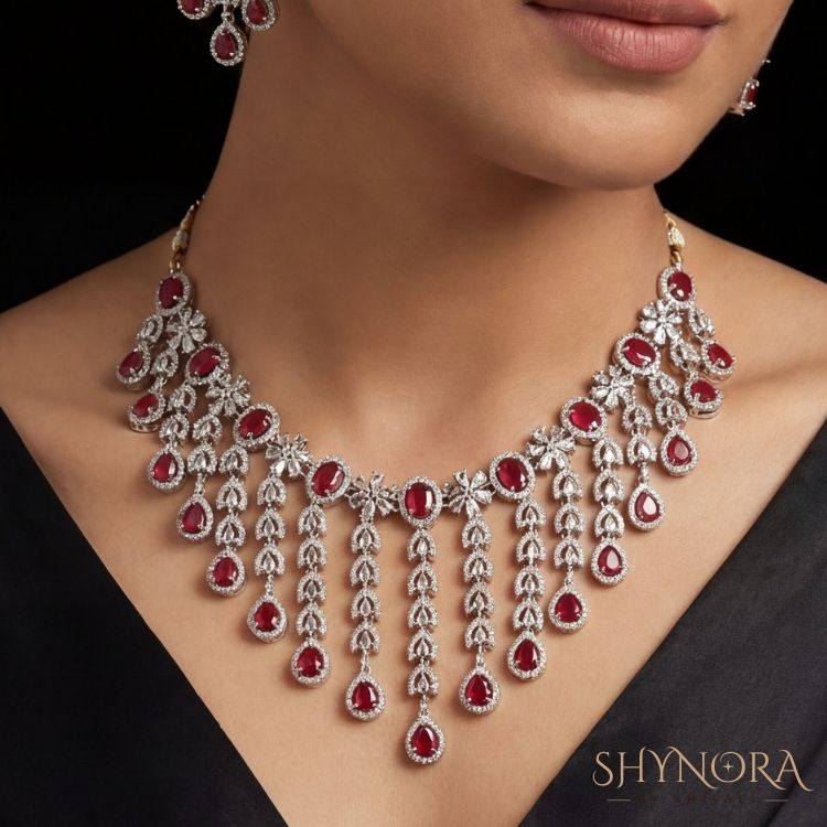 Royal Ruby Red Chandelier Necklace Set with Earrings & Maang Tikka