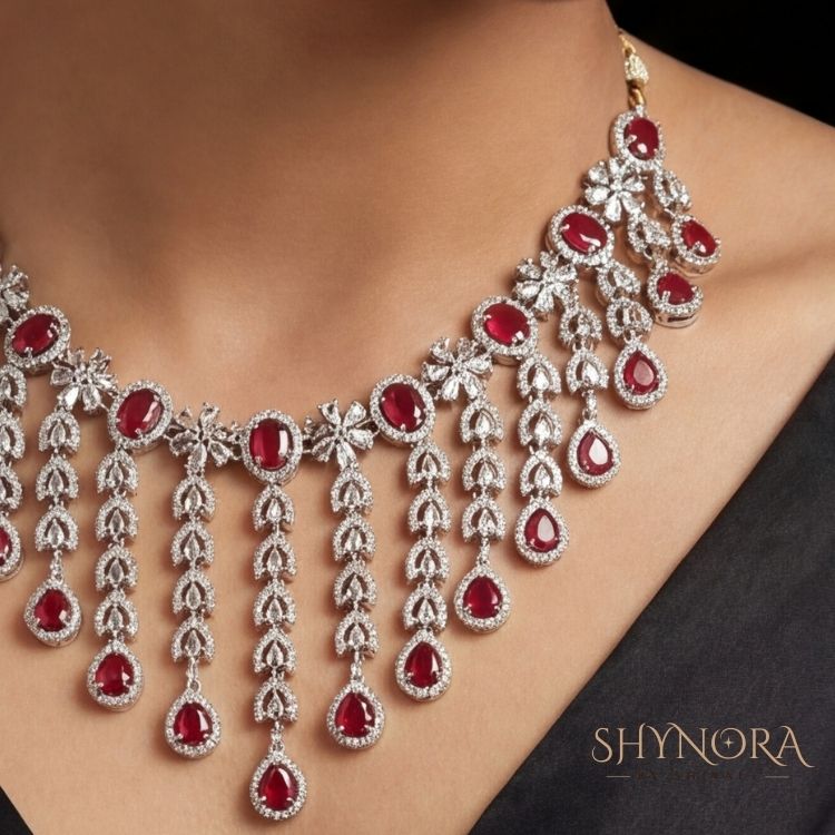 Royal Ruby Red Chandelier Necklace Set with Earrings & Maang Tikka
