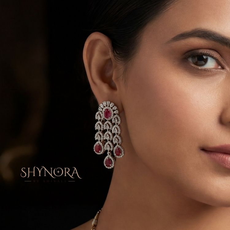 Royal Ruby Red Chandelier Necklace Set with Earrings & Maang Tikka