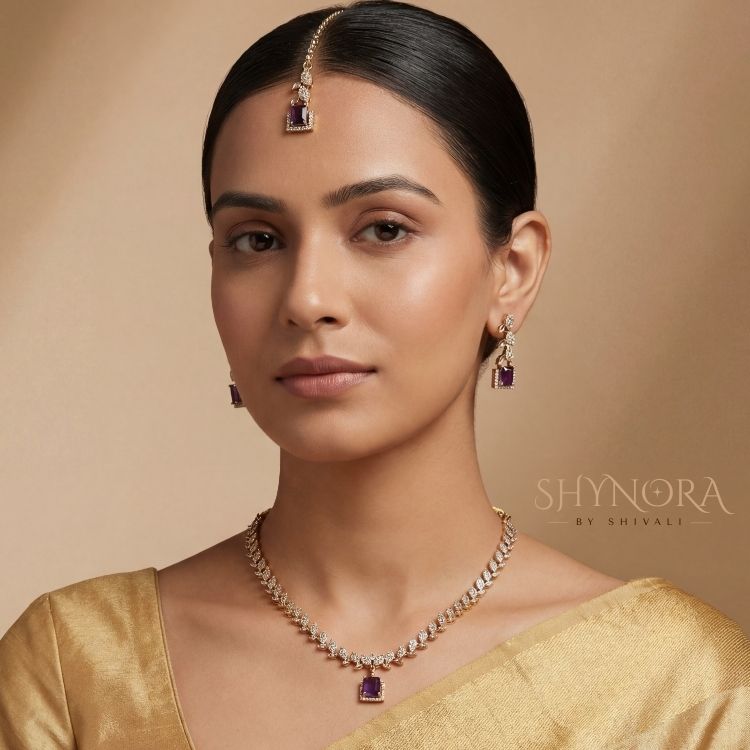 Royal Purple Leaf Drop AD Necklace Set with Maang Tikka