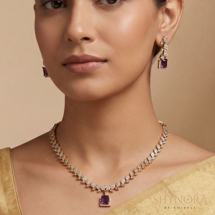 Royal Purple Leaf Drop AD Necklace Set with Maang Tikka