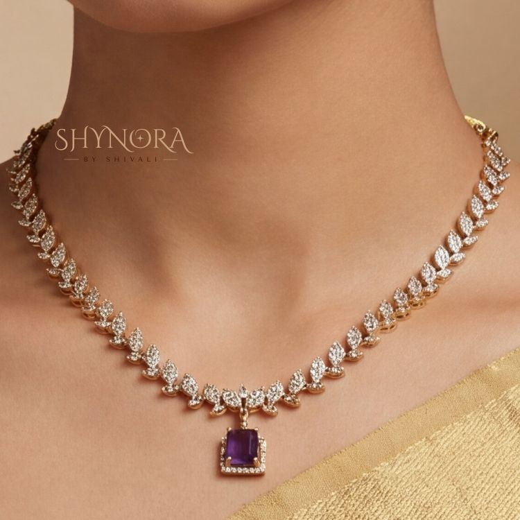 Royal Purple Leaf Drop AD Necklace Set with Maang Tikka
