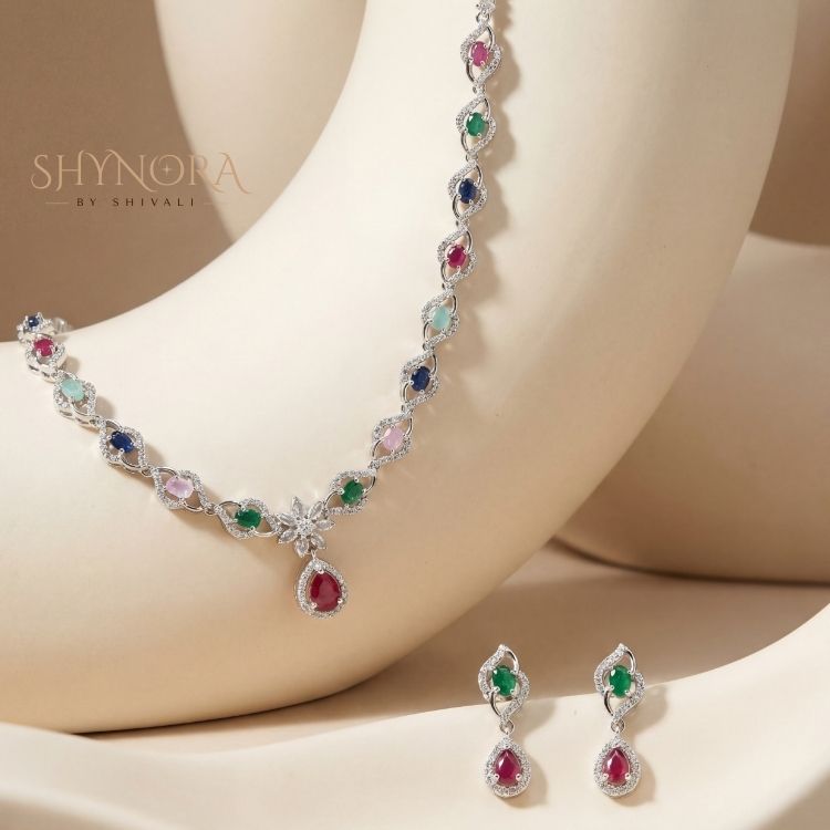 Rainbow Stone Link AD Necklace Set with Ruby Drop