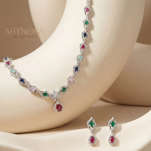 Rainbow Stone Link AD Necklace Set with Ruby Drop