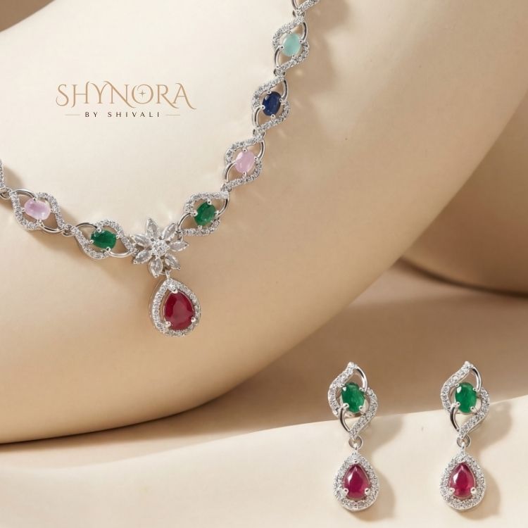 Rainbow Stone Link AD Necklace Set with Ruby Drop