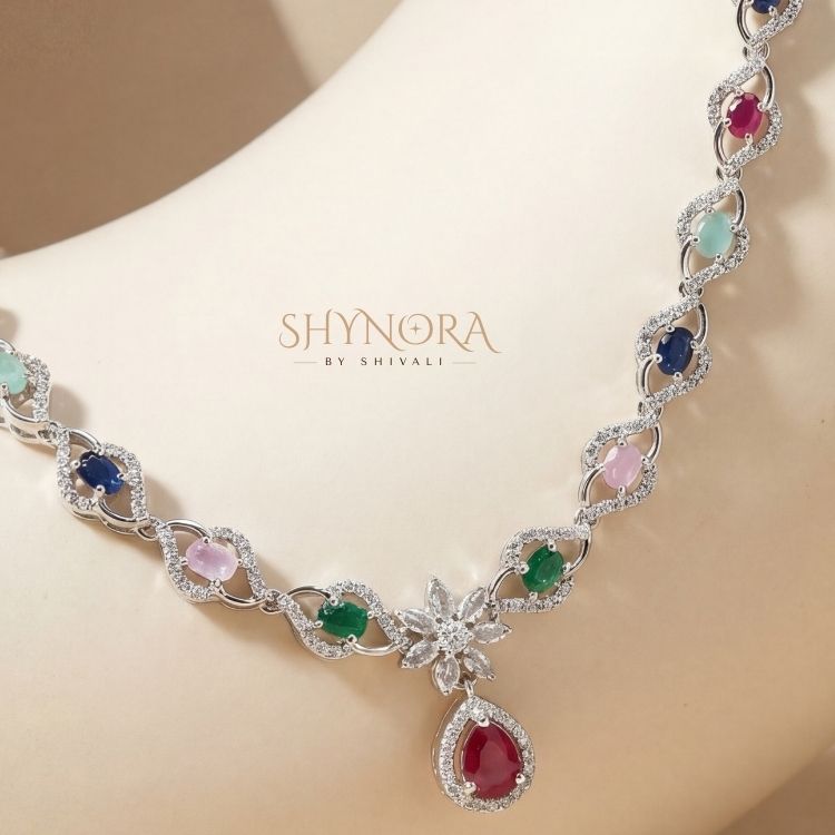 Rainbow Stone Link AD Necklace Set with Ruby Drop