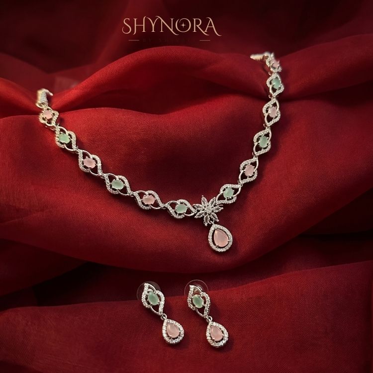 Pastel Pink & Mint AD Link Necklace Set with Teardrop Pendant