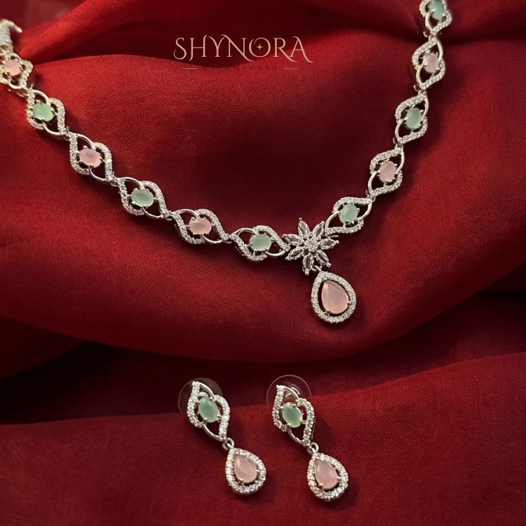 Pastel Pink & Mint AD Link Necklace Set with Teardrop Pendant