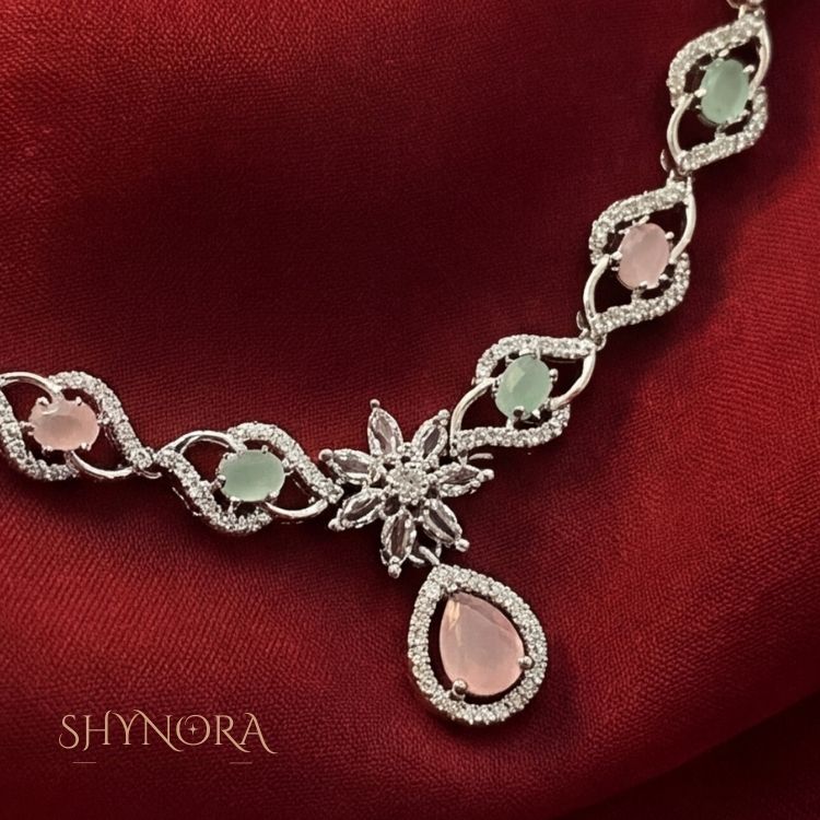 Pastel Pink & Mint AD Link Necklace Set with Teardrop Pendant