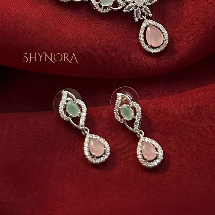 Pastel Pink & Mint AD Link Necklace Set with Teardrop Pendant