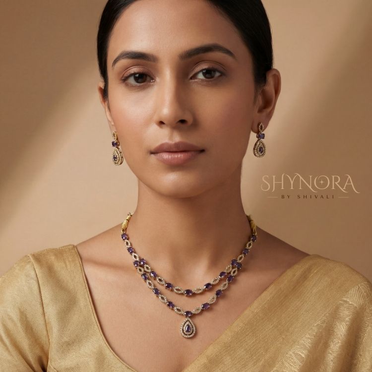 Royal Purple Double Layer AD Necklace Set with Teardrop Pendant