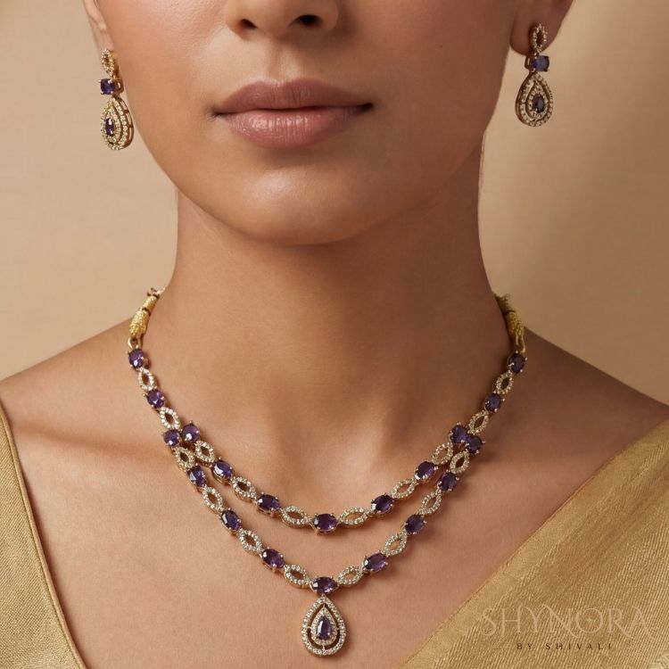 Royal Purple Double Layer AD Necklace Set with Teardrop Pendant