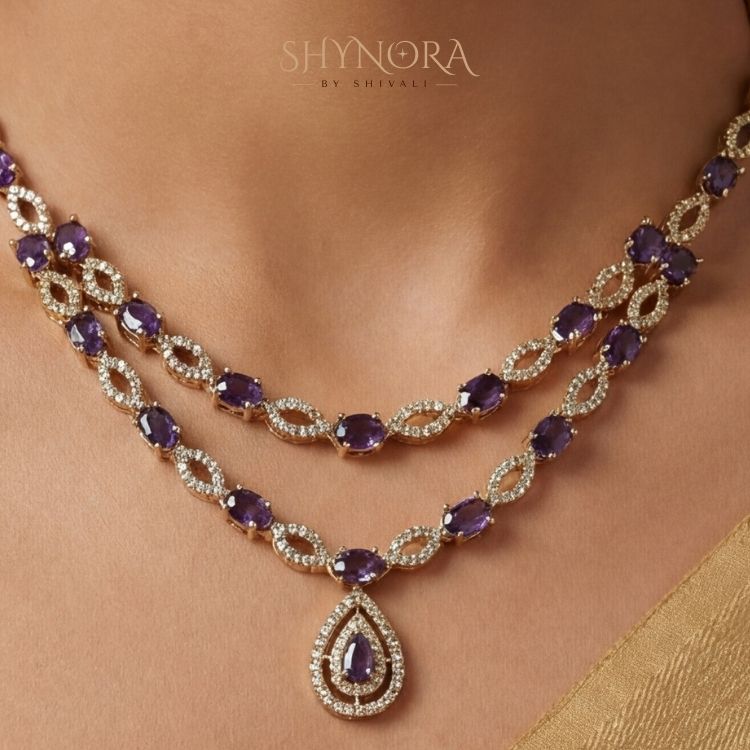 Royal Purple Double Layer AD Necklace Set with Teardrop Pendant