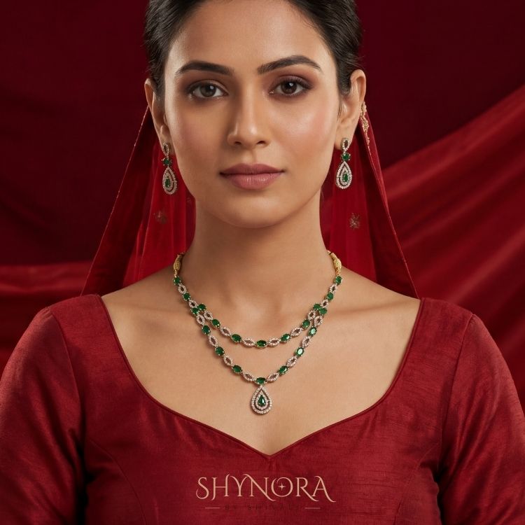 Emerald Green Double Layer AD Necklace Set with Teardrop Pendant