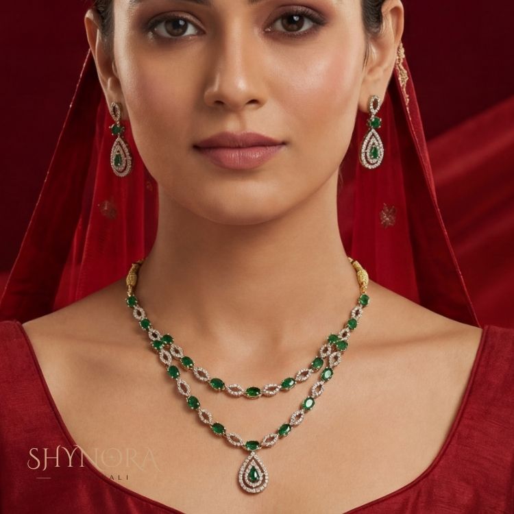 Emerald Green Double Layer AD Necklace Set with Teardrop Pendant