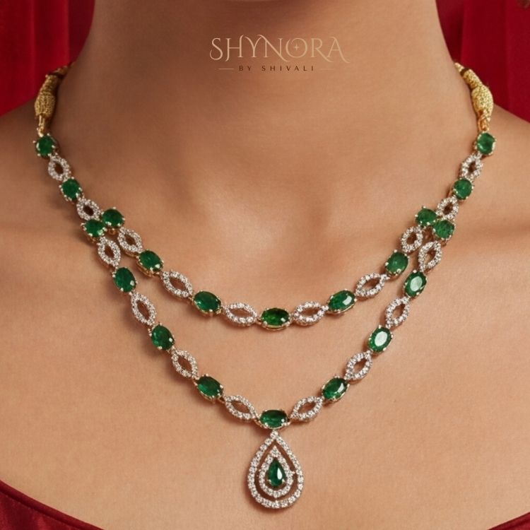 Emerald Green Double Layer AD Necklace Set with Teardrop Pendant