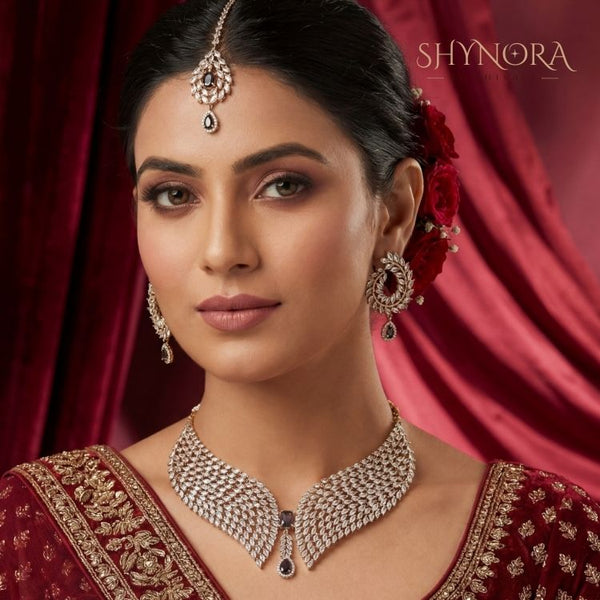 Antique Gold Purple AD Broad Choker Necklace Set with Maang Tikka