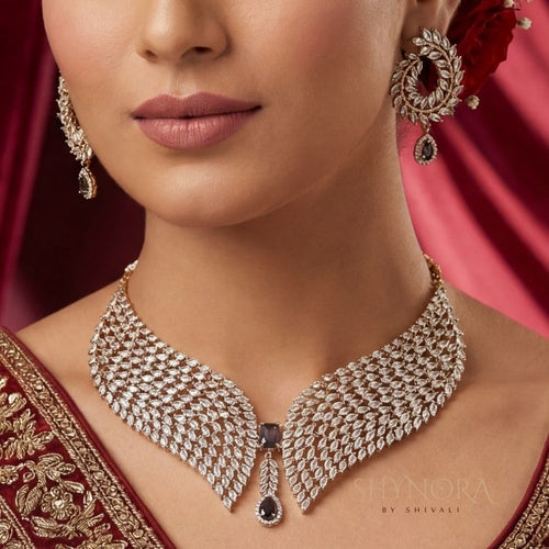 Antique Gold Light Purple AD Broad Choker Necklace Set with Maang Tikka