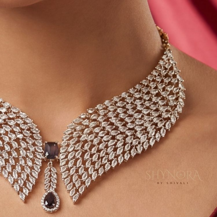 Antique Gold Light Purple AD Broad Choker Necklace Set with Maang Tikka