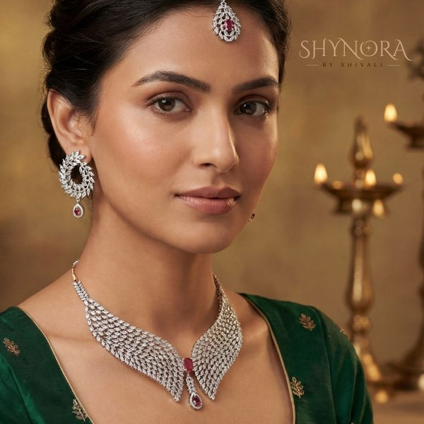 Silver Finish AD Broad Choker Set with Ruby Red Drop & Maang Tikka