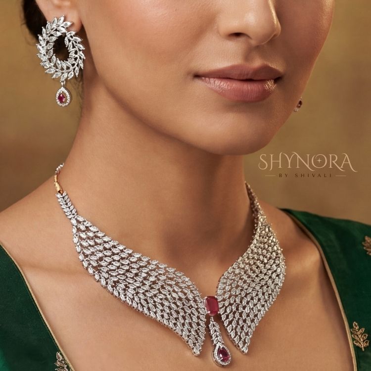 Silver Finish AD Broad Choker Set with Ruby Red Drop & Maang Tikka