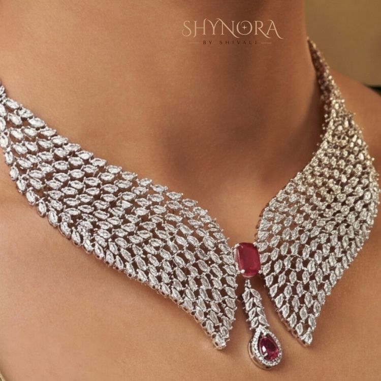 Silver Finish AD Broad Choker Set with Ruby Red Drop & Maang Tikka